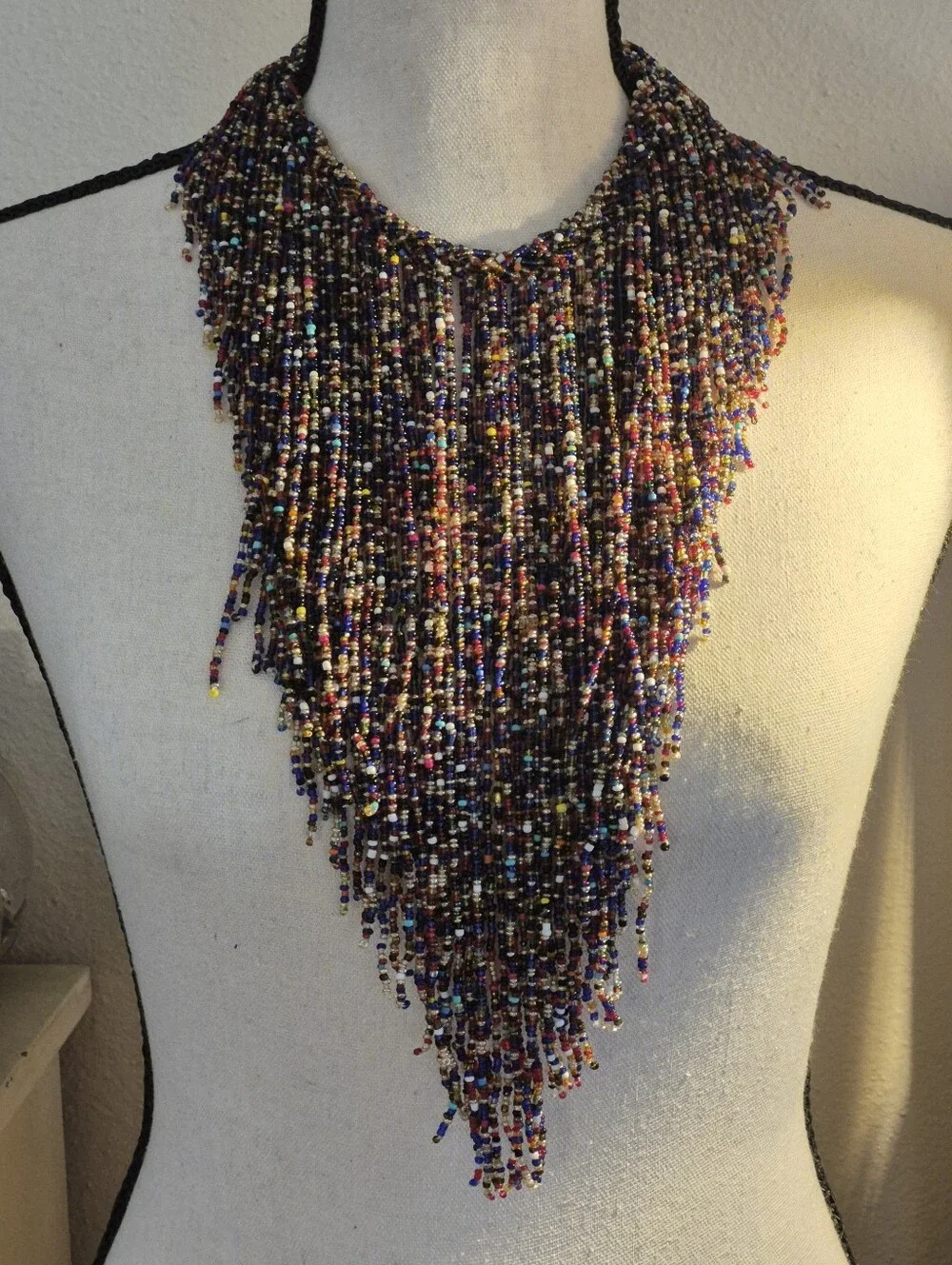 Kenyan Massai Multicolor Beaded Fringe Choker Statement Necklace